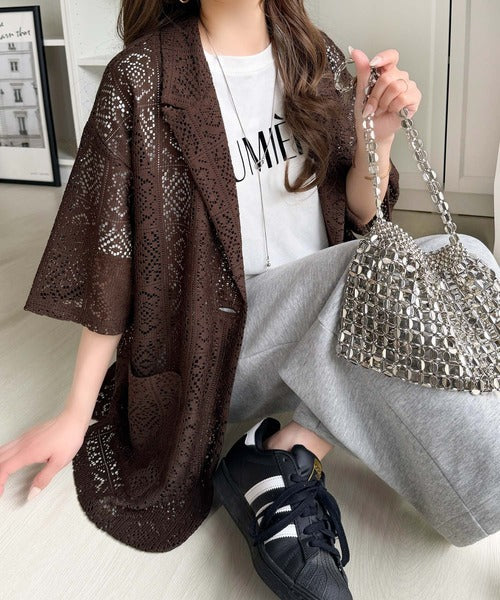 繊細なレースがつくる、大人のための“雰囲気服”。ポケットつきパネルレーステーラードジャケット（半袖） ce1010608