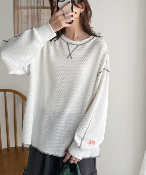 《JaVaジャバ 別注》シンプルなのに格上げ。2way配色ワッフルロンTee jv1260065
