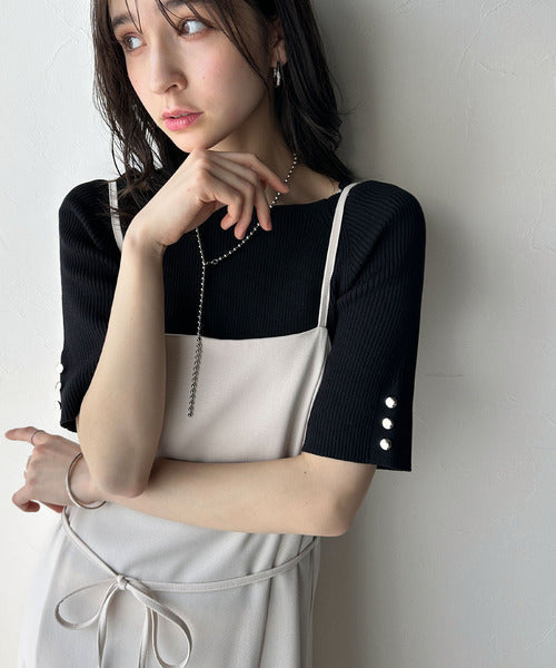 着心地抜群で夏も快適に！スクエアネック袖ボタンハーフスリーブリブニット ce1020233