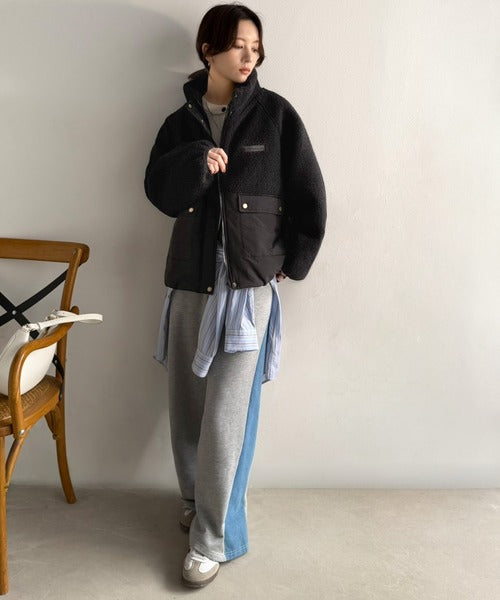 《JaVaジャバコラボ》暖かく包み込む、私のもこもこちゃん♪異素材MIXボア×ナイロン切替スタンドカラージャケット jv1240139
