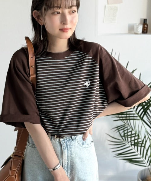 《JaVaジャバコラボ》お洒落迷子の救世主。綿100％胸刺繍ラグラン配色ボーダーTシャツ jv1260558