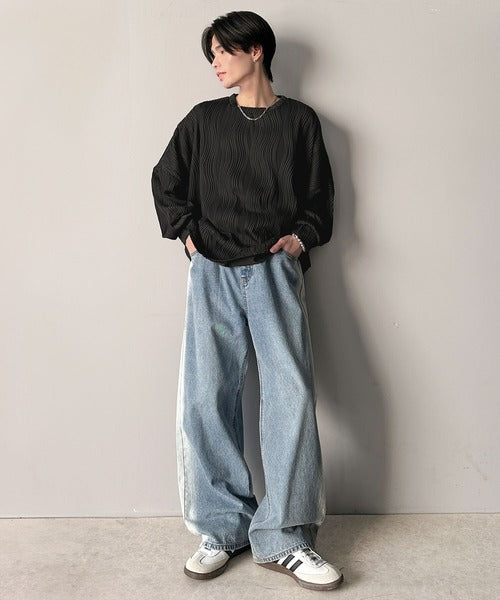 ゆるさとスタイリッシュを両立。オーバーサイズウェーブ柄ジャガード長袖Ｔシャツ cm1010428