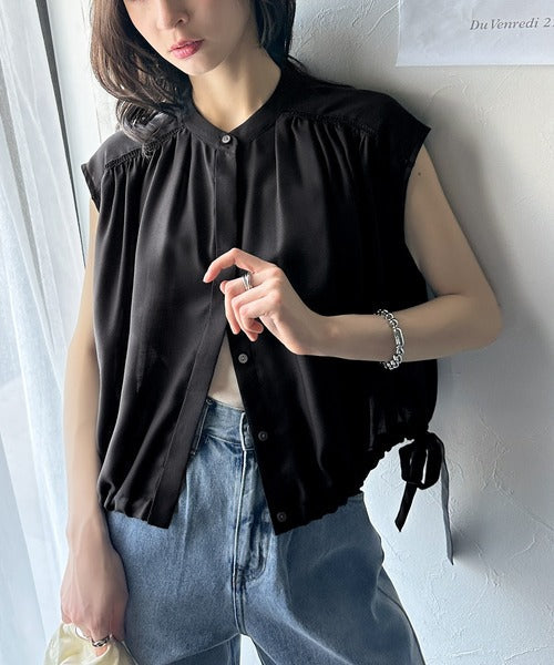 清楚感に大人の甘さをプラス。リボンヘムクロップドギャザーブラウス（ショート丈） ce1070134