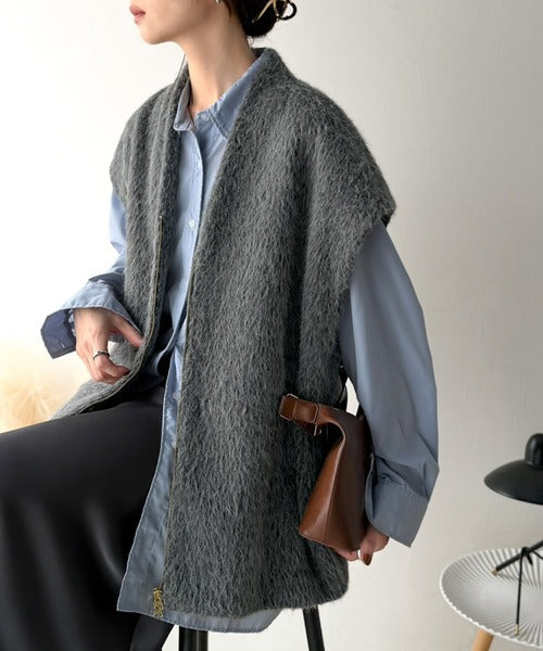 【Classical Evon】高級感に惚れる。毛足感が作る大人の最旬アイテム。フェイクウールシャギージップアップベスト（オーバーサイズ） ev1240131