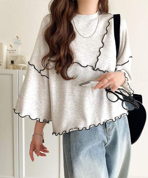 Tシャツより可愛く、スウェットより軽やか♪5分袖メロウ切替裏毛トップス ce1020310
