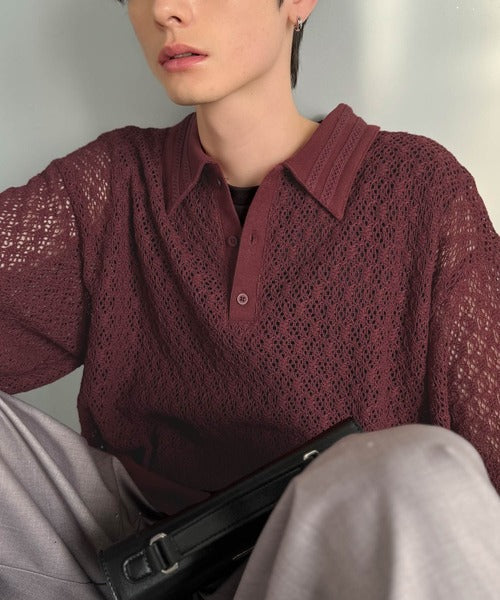 「透け感、モードの余韻。」衿ダブルライン使いレース柄ニットポロシャツ／Double-Line Collar Lace Pattern Knit Polo Shirt co1010049