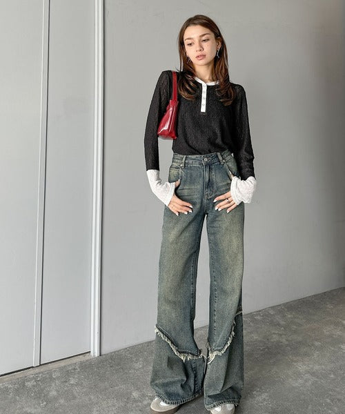 【mily bilet】シンプルさの中にフェミニンさをプラスしたデザイン。袖配色レースヘンリーカットソー（長袖） mi1019107