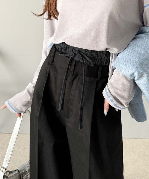 上品なシルエットの優秀パンツ♪Wベルト異素材スラックスワイドパンツ ce0940219