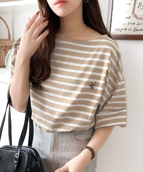 【sustaina+】ラフにキマる大人スタイル。オーガニックコットン100%オーバーサイズパネルボーダーTシャツ(半袖) ce1260324