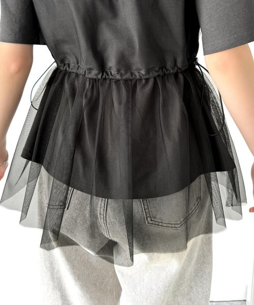 1枚で主役級！綿100%Tシャツ+チュールドッキングドロスト使いトップス(半袖） ce1260379