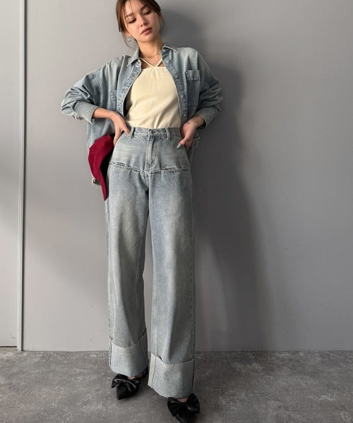 《JaVa ジャバコラボ》新感覚な大人デニム。ロールアップフロントポケットワイドデニムパンツ jv0909005