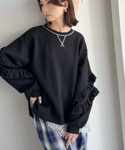 《JaVaジャバコラボ》袖からときめく、大人のカジュアル。袖フリルワッフルプルオーバー jv1010688