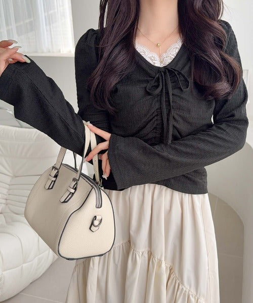 【mily bilet】レース×シャーリングで、甘さをひとさじ。レースドッキングパフスリーブジャガードトップス（長袖） mi1359080
