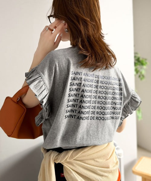 《JaVaジャバコラボ》着るだけで主役級。綿100％バック箔プリント袖フリルTシャツ（半袖） jv1330104