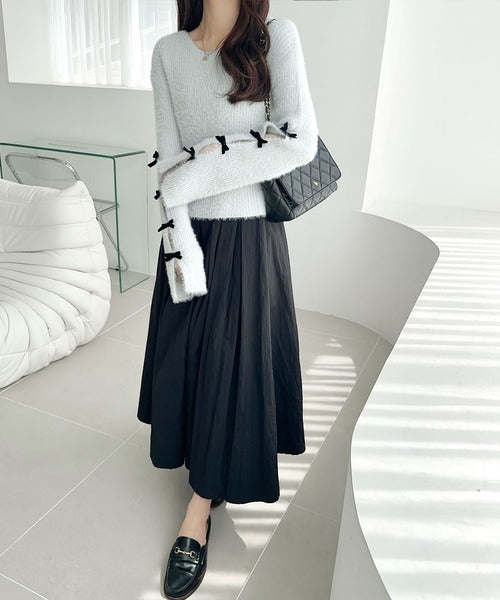 【mily bilet】品よく可愛い♪ふんわり愛されニット。甘さと抜け感が◎袖リボン使いフェザーシャギーリブニット mi1029132