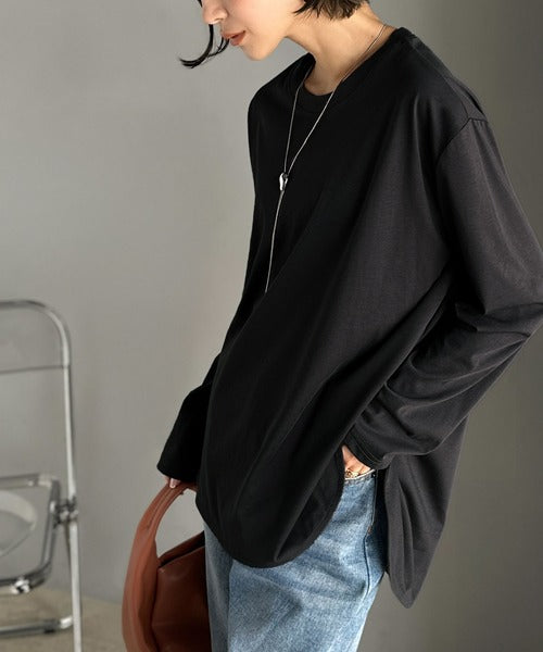 品よく、楽ちん。大人の余裕が漂う。シルケット素材 レイヤード ラウンドヘム 長袖 ロンTEE ce1020296