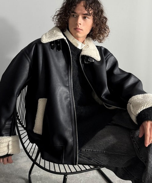 【Classical Origin】「ずっしりかっこいい。」2way襟ボア切り替えフェイクレザージャケット／2way Boa Collar Faux Leather Jacket co1150081