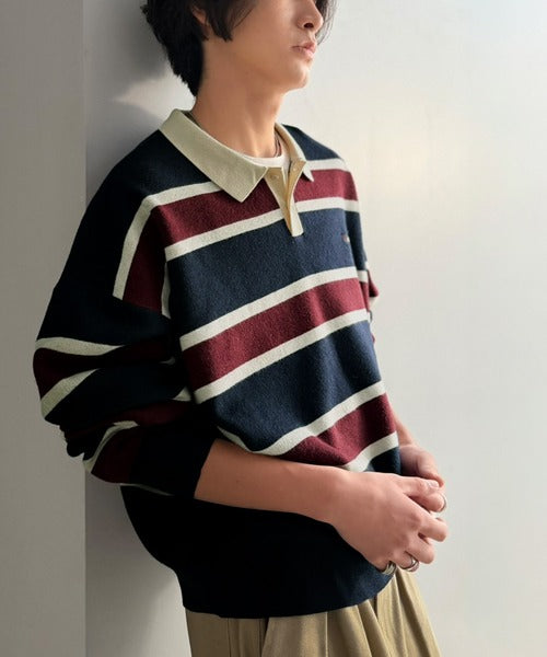 《JaVaジャバコラボ》1枚で洗練された大人の余裕を演出。配色ボーダー柄ポロ襟スウェットライクニット（長袖） jo1250006