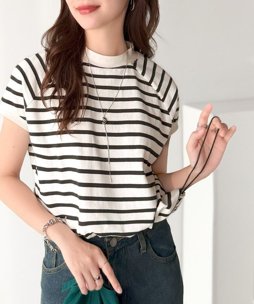 綿100%USAコットン。大人のモックネックフレンチラグラン裾ドロストシンプルTシャツ ce0780080