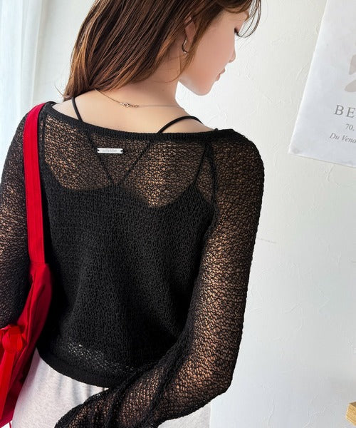 【mily bilet】大人かわいい肌見せを叶える。プレートデザイン前後2WAYメッシュ編み肩リボンニットプルオーバー（長袖） mi1259014