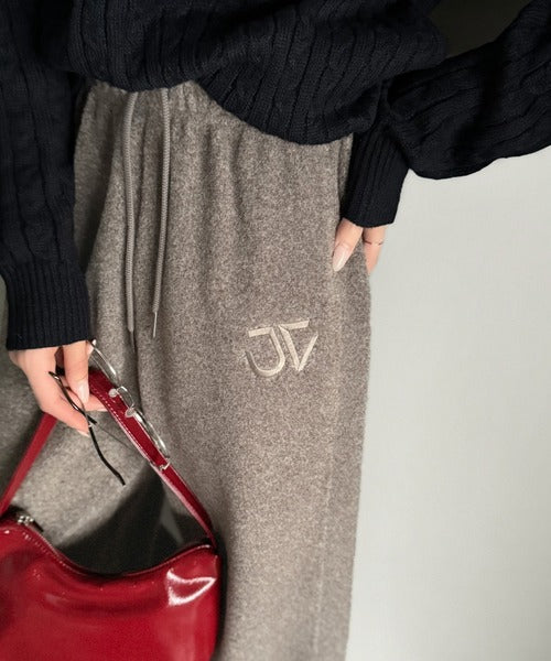 《JaVaジャバコラボ》裾ドロストロゴ刺繍ミックス調フリースパンツ jv0789010