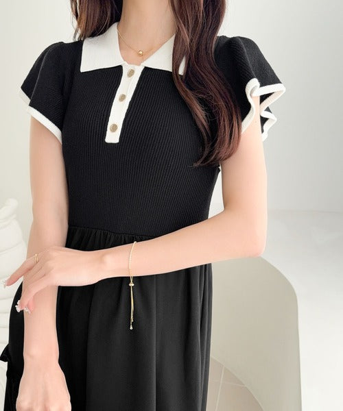 【mily bilet】スタイルアップの極み！フィット＆フレアな大人ポロ襟ドッキングワンピース（半袖） mi1029176