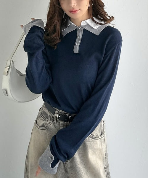 【mily bilet】重ね着風で上品見え◎レイヤード風シャツダブル襟使いカフス切り替えニットプルオーバー（長袖） mi1029159