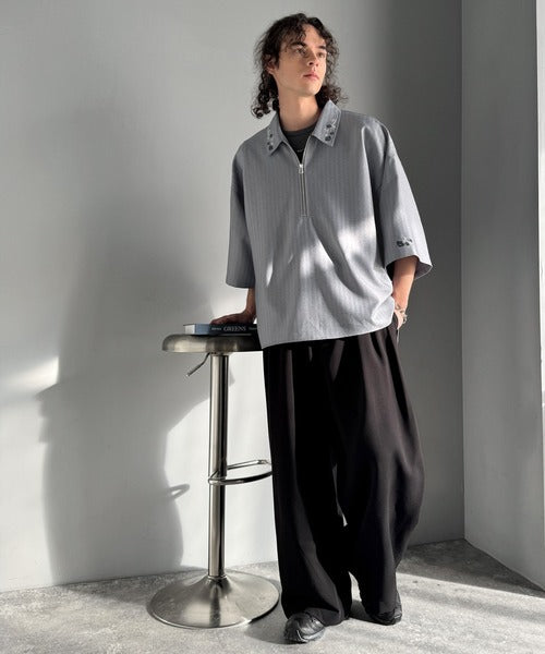 「高見え確定。」刺繍デザインジップシャツ／Embroidered Design Zip Shirt co1010043