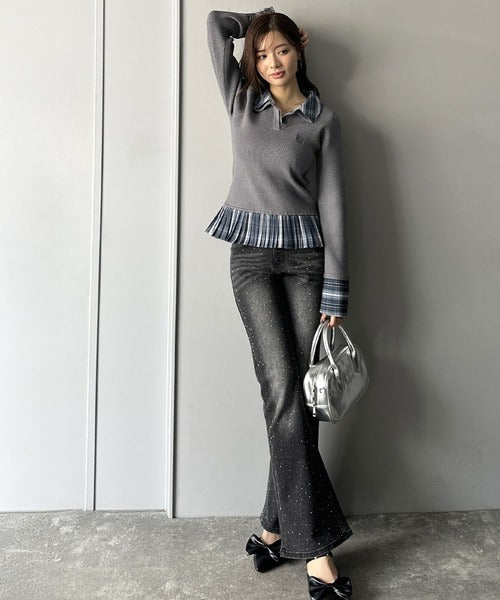 【mily bilet】ニット×チェックプリーツで叶える！旬のレイヤードスタイル♪異素材切り替えニットプルオーバー mi1139095