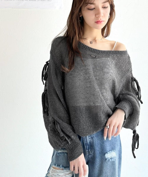 【mily bilet】大人のきらめき。プレートデザイン透かし編み袖リボンラメニット(ワンオフショル2way) mi1259009