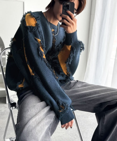 【classical origin】「着るだけで、印象派」。フリンジデザイン配色オーバーサイズニット（長袖）/Fringe design oversized long sleeve knit ao1260444