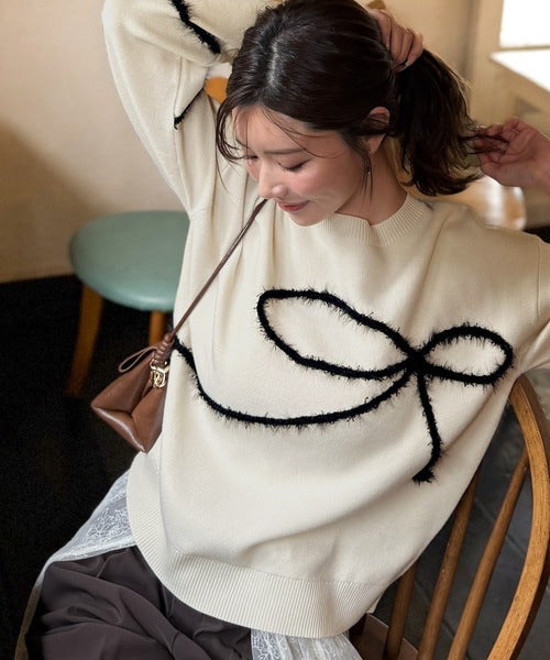 【mily bilet】ゆるっと可愛げ、ふわっと存在感。リボンフェザーコード刺繍ニット（長袖） mi1029130