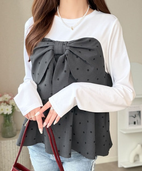 【mily bilet】心ときめく、ビッグリボン♪フロントリボン ドッキング長袖Tシャツ mi1269019
