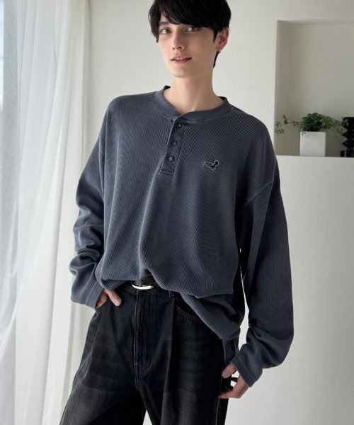 【Classical Origin】「リラックス感、こなれ感。」ピグメント加工サーマルヘンリーネックTシャツ（長袖）/Pigment-Dyed Thermal Henley T-Shirt co1150051
