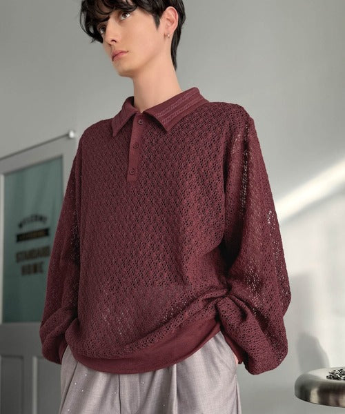 「透け感、モードの余韻。」衿ダブルライン使いレース柄ニットポロシャツ／Double-Line Collar Lace Pattern Knit Polo Shirt co1010049