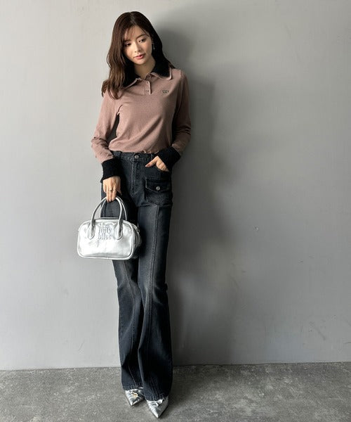 【mily bilet】上品とカジュアルを叶える、大人コーデが即完成。ファー使いダブル襟ロゴプレートニットポロ(長袖) mi1029150