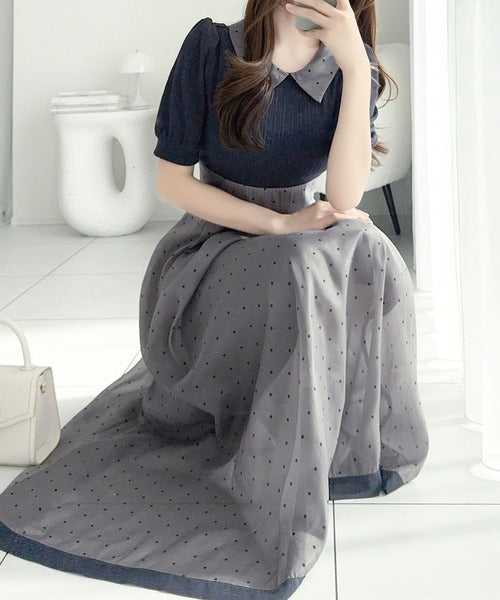 【mily bilet】待望の半袖ver.登場！ドット柄配色切り替えドッキングワンピース（ロング丈） mi1139108