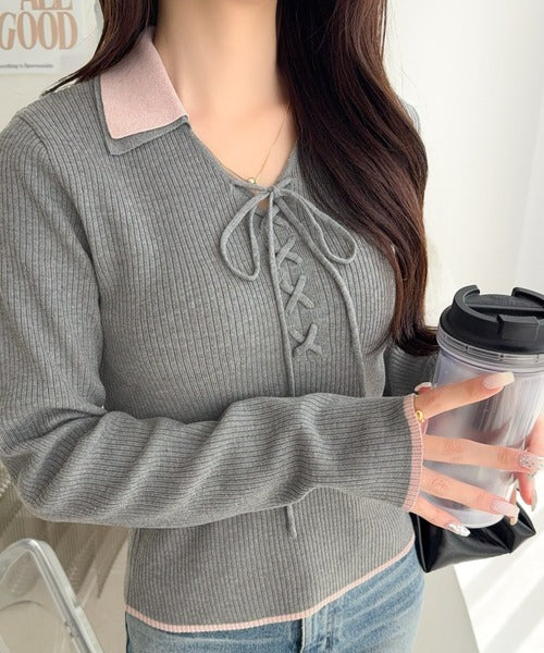 【mily bilet】大人可愛いは、引き算しない。ダブル襟配色レースアップリボンニットトップス（長袖） mi1359090