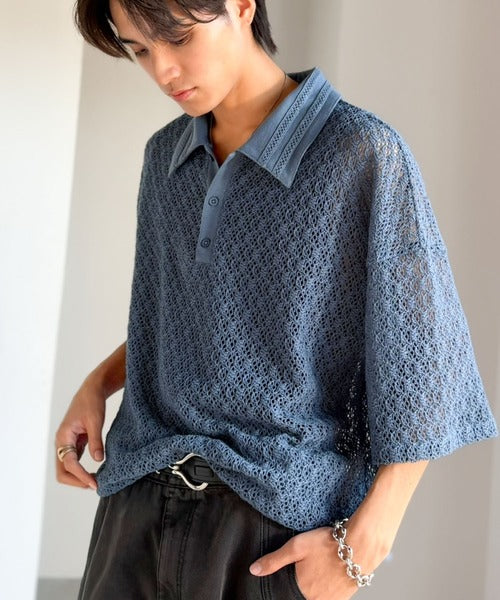 「透け感、モードの余韻。」衿ダブルライン使いレース柄ニットポロシャツ/Lace Detail Knit Polo Shirt co1010010
