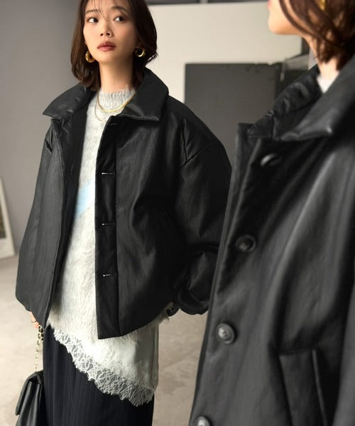 レザーって、こんなに可愛く着られる！大人可愛い丸みシルエット♪フェイクレザー中綿入りステンカラーショートジャケット ce1070253