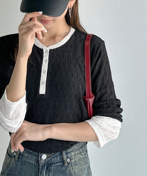 【mily bilet】シンプルさの中にフェミニンさをプラスしたデザイン。袖配色レースヘンリーカットソー（長袖） mi1019107