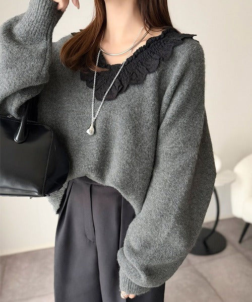 今年の大本命♪カジュアルにも大人っぽくも着こなせる。冬コーデが華やぐ、魅惑のレース襟ドッキングニットプルオーバー（長袖） ce1020368