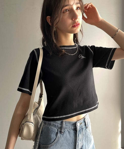 1枚で今っぽデザイン♪PAEAN刺繍配色ステッチチビTシャツ（半袖） ce1020200