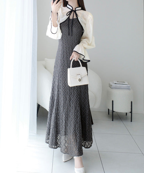 【mily bilet】トレンドをかわいく楽しんで♪パイピング配色シアーボレロセットアップ花柄レースキャミワンピース mi1139083