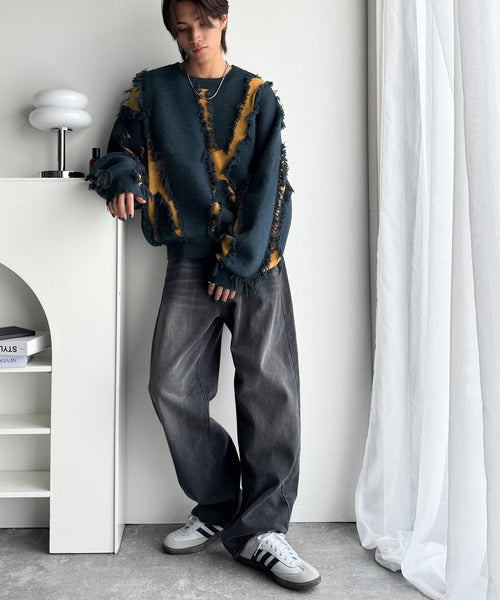 【classical origin】「着るだけで、印象派」。フリンジデザイン配色オーバーサイズニット（長袖）/Fringe design oversized long sleeve knit ao1260444