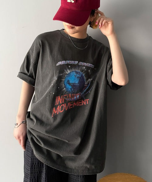 《JaVa ジャバコラボ》大人カジュアルを極める。綿100%ヴィンテージライクプラネットシリーズピグメントオーバーサイズTシャツ jv1029125
