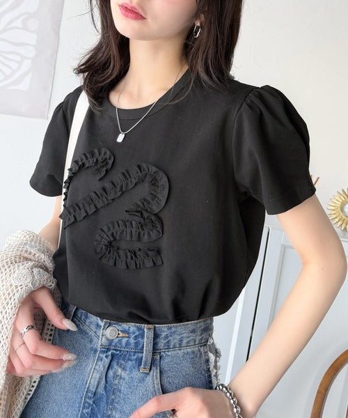 フリル刺繍でエレガントに。シルケットフリル刺繍パフスリーブプルオーバー（半袖） ce1050297