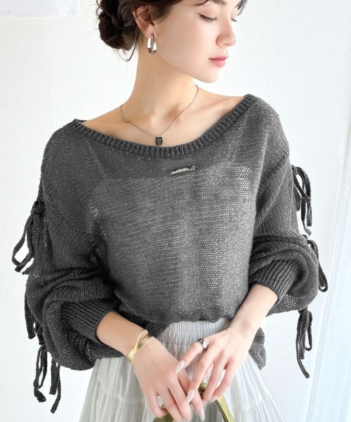 【mily bilet】大人のきらめき。プレートデザイン透かし編み袖リボンラメニット(ワンオフショル2way) mi1259009