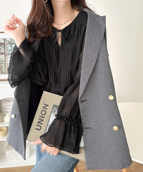 涼やかに、品よく、愛らしく。前後2wayリボンキャンディスリーブシアープリーツブラウス（長袖） ce1010538