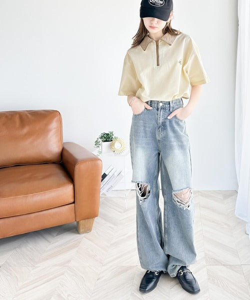 《Javaジャバコラボ》一点投入で好印象コーデ。胸刺繍サッカー素材ハーフジッププルオーバー jv1260175